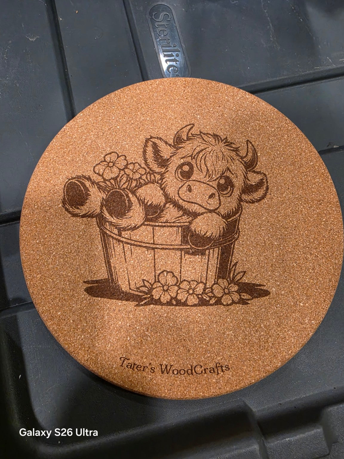Baby Highland Cow in Bucket Cork Trivet product photograph