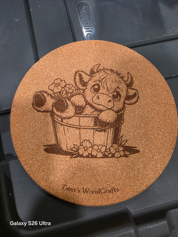 Baby Highland Cow in Bucket Cork Trivet product photograph