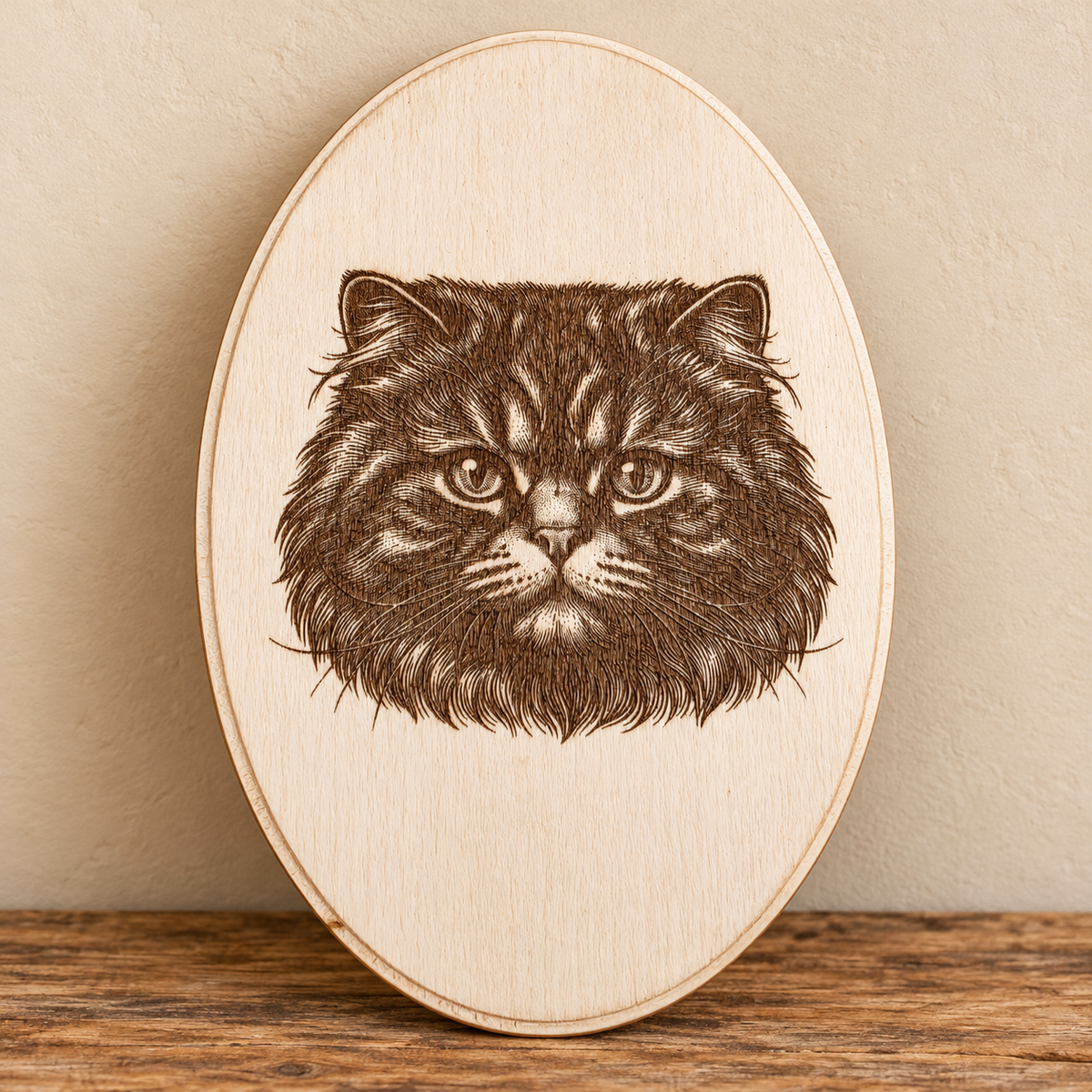 Longhair Cat Portrait Oval Wooden Plaque