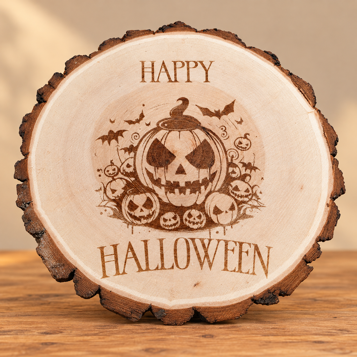 Happy Halloween Engraved Wood Slice on professional rustic display