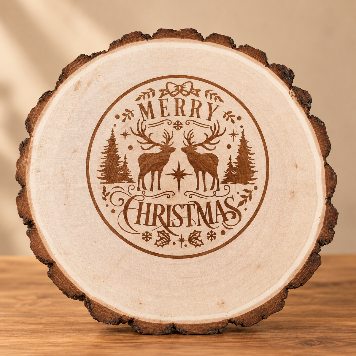 Merry Christmas Deer Engraved Wood Slice on professional rustic display
