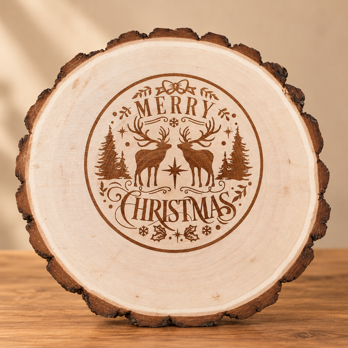 Merry Christmas Deer Engraved Wood Slice on professional rustic display