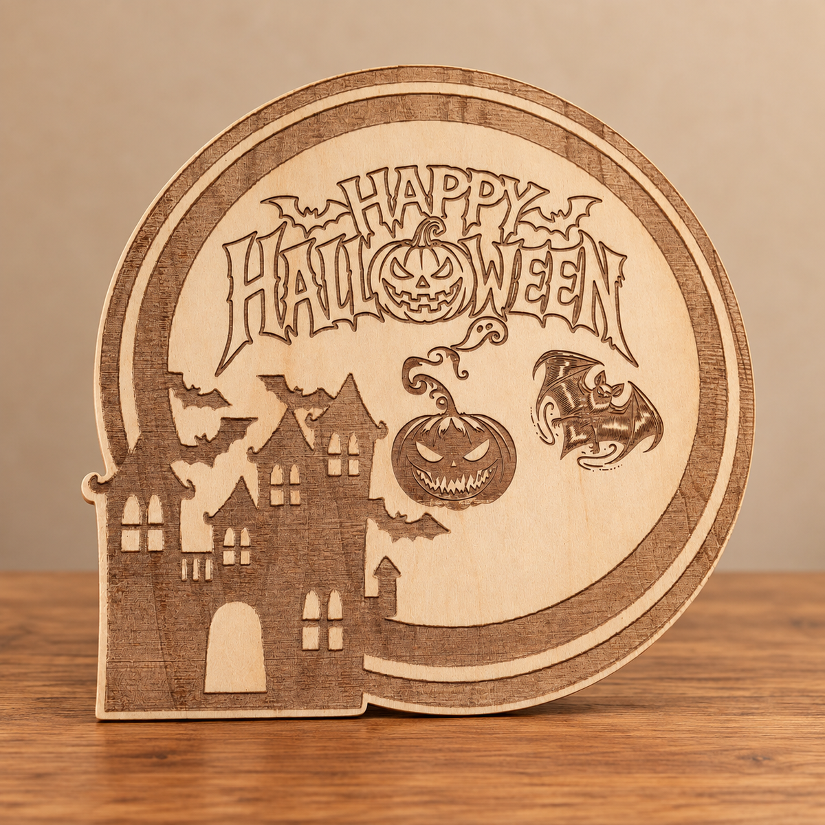 Happy Halloween Haunted Castle Wooden Decoration on professional rustic display