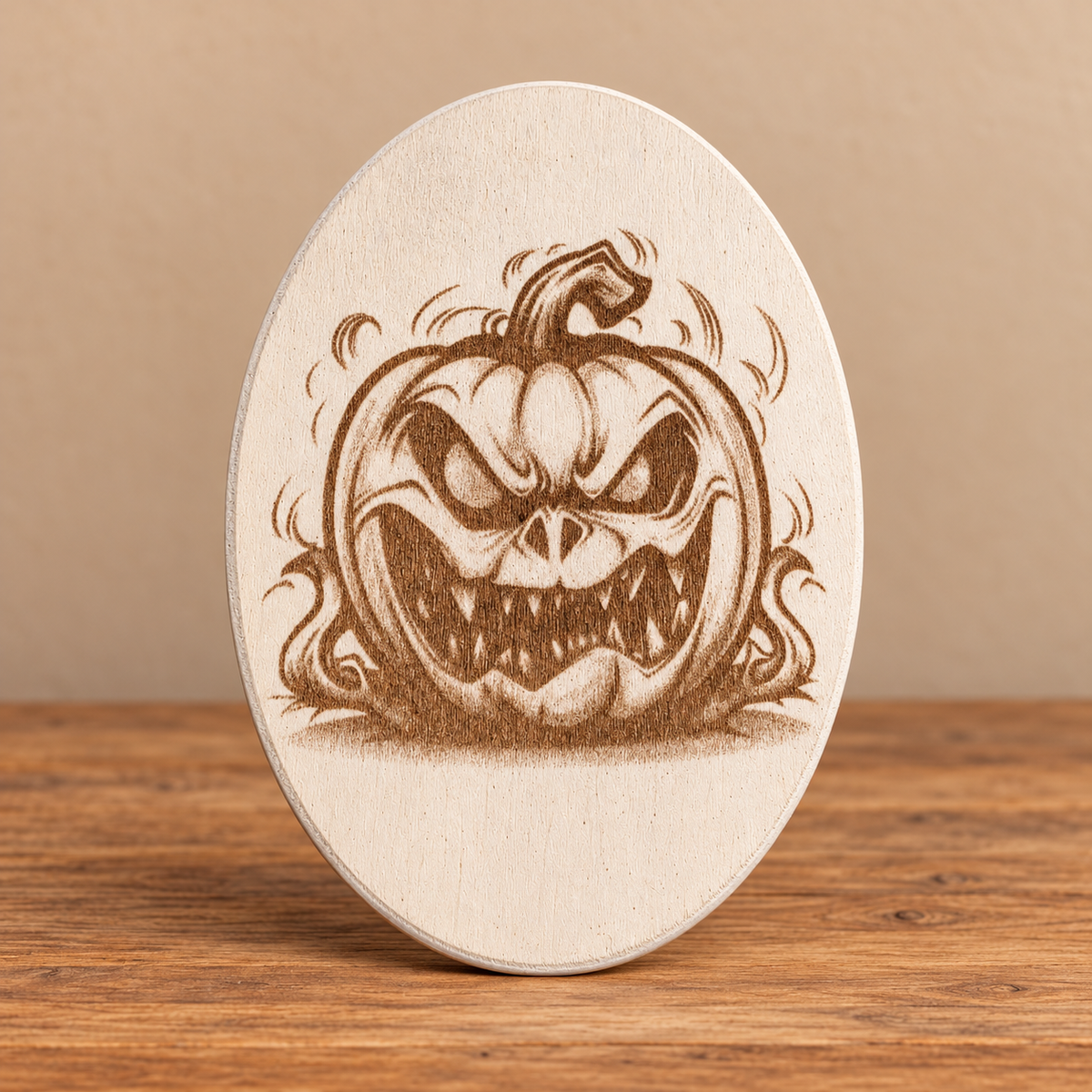 Jack-o'-Lantern Oval Wooden Decoration on professional rustic display