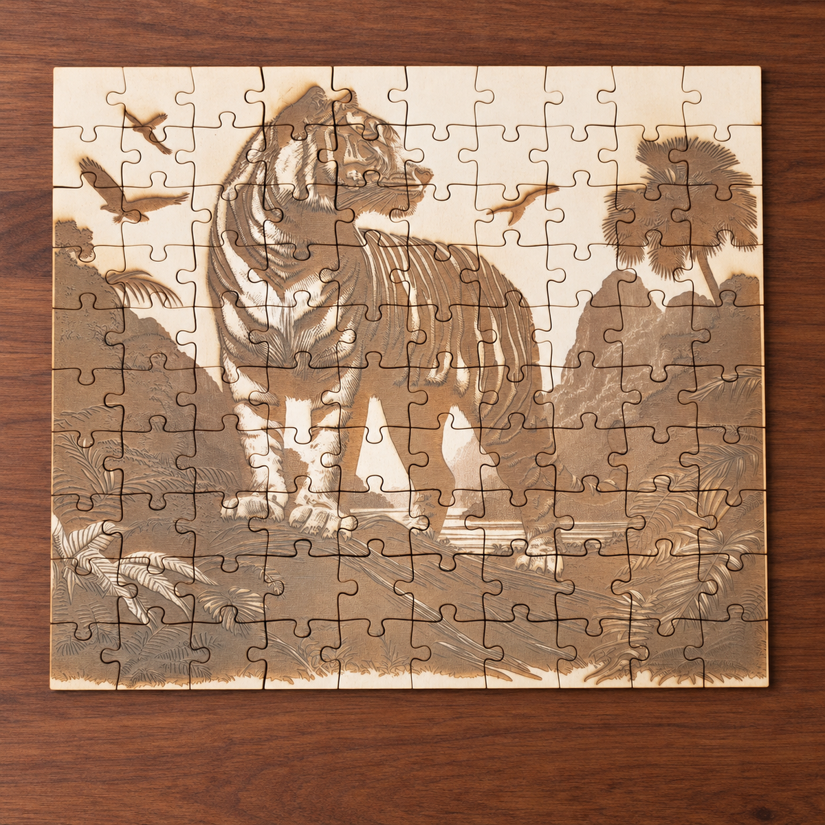 Assembled 100-piece engraved wooden tiger jigsaw puzzle