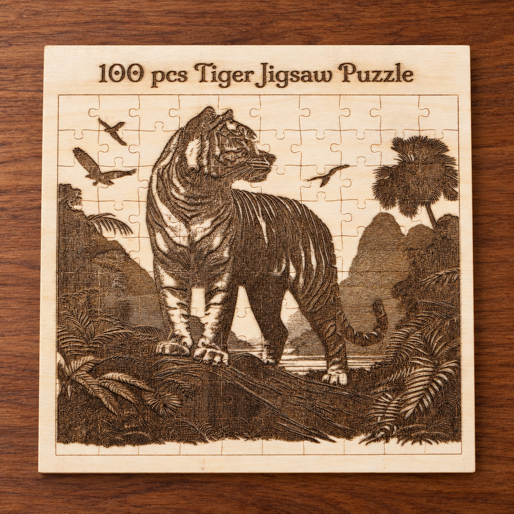 Engraved tiger puzzle box top labeled 100 pcs Tiger Jigsaw Puzzle