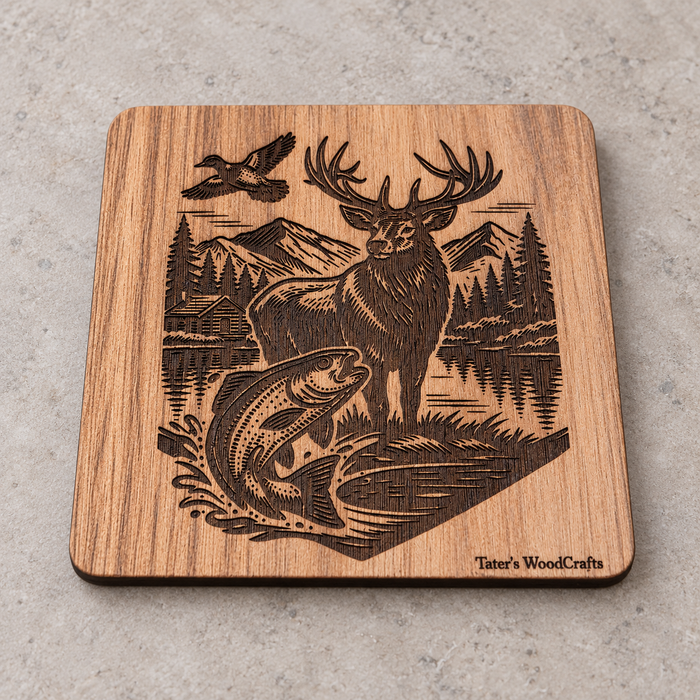 Individual square wooden coaster engraved with Wilderness Lake Wildlife design