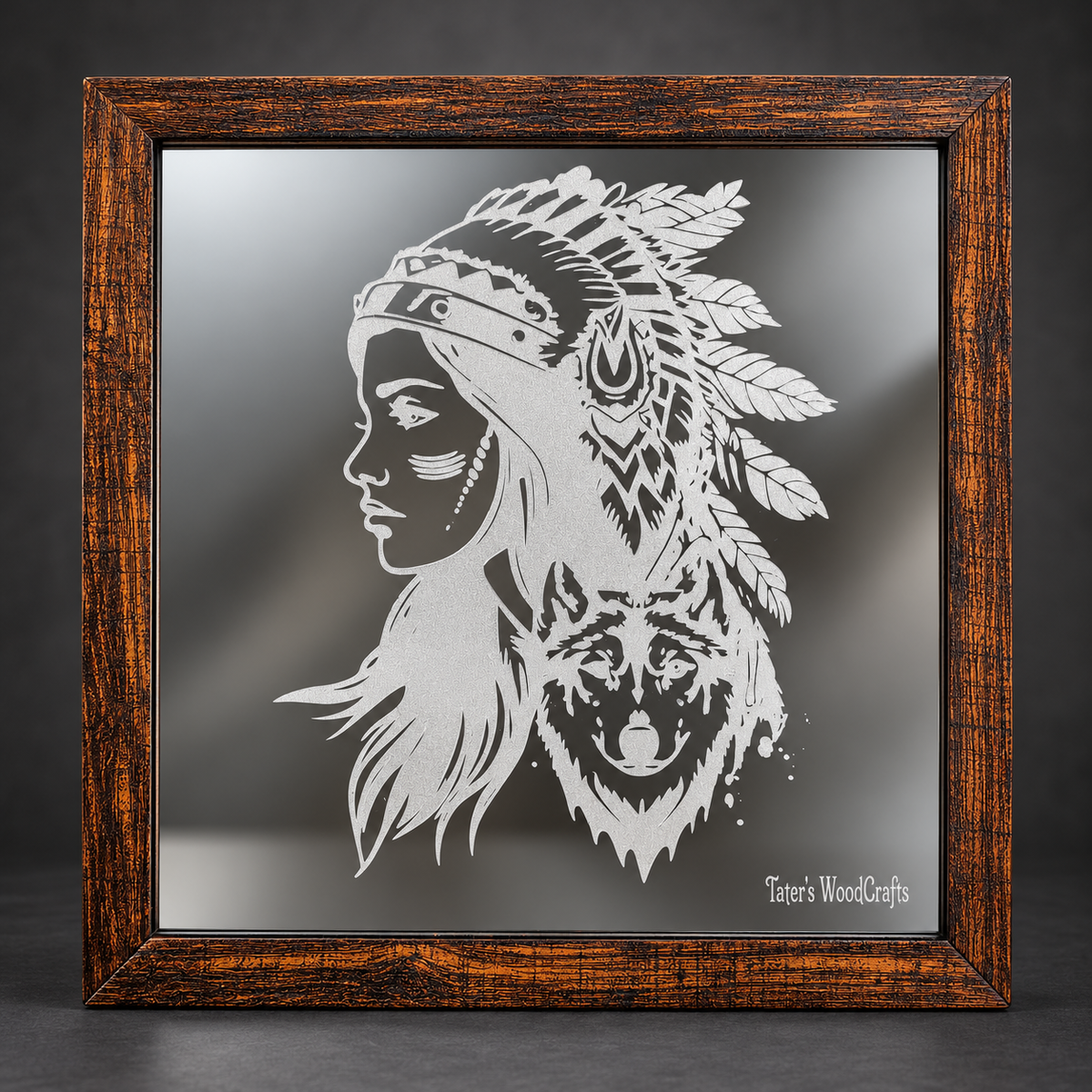 Woman in Feathered Headdress & Wolf Framed Engraved Mirror